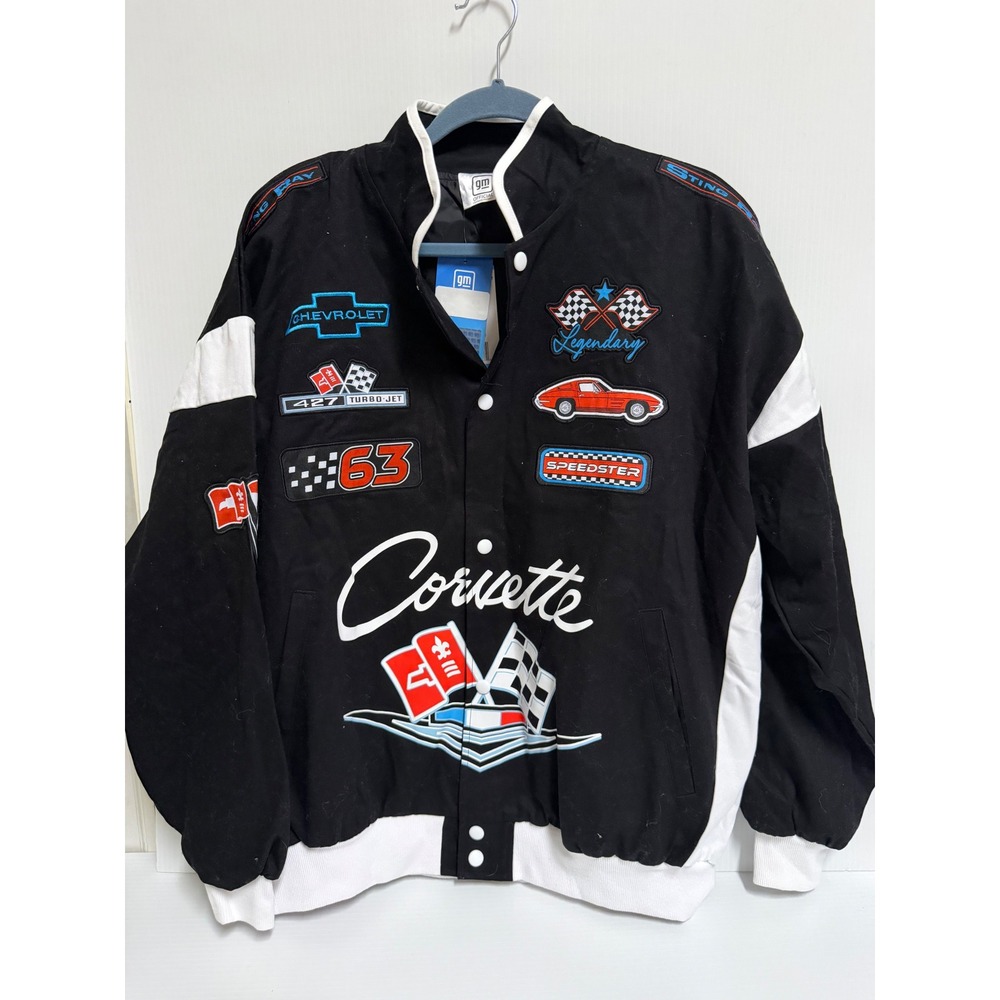 GM Official Corvette Sting Ray Racing Jacket Black White Embroidered Patches L